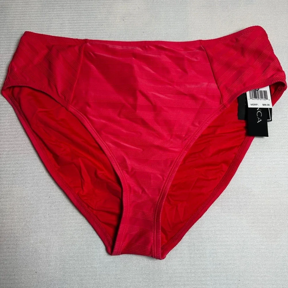 LA BLANCA High Waist Bikini Bottoms Red Textured Stripes Swimwear Size 16 NWT